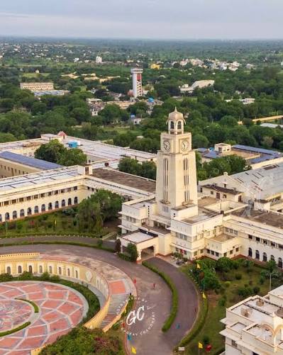 Aerial view of the clock tower and campus in Pilani